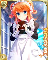 Rule 34 | 1girl, apron, black dress, black neckwear, blue eyes, book, bow, breasts, character name, closed mouth, collared dress, day, dress, girlfriend (kari), hair bow, long sleeves, looking at viewer, maid, maid apron, maid headdress, mansion, medium hair, official art, orange hair, outdoors, qp:flapper, ribbon, sagara emi, solo, standing, tagme, two side up, white apron, white bow