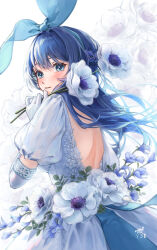 Rule 34 | 1girl, anemone (flower), backless dress, backless outfit, blue bow, blue eyes, blue hair, blue hairband, bow, braid, cowboy shot, dark blue hair, dress, dress flower, floral background, flower, from behind, gloves, hair bow, hair intakes, hairband, highres, holding, holding flower, long hair, looking at viewer, looking back, nagisa (pan to honey), original, parted lips, puffy sleeves, see-through, see-through sleeves, signature, solo, white background, white dress, white gloves