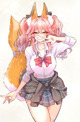 Rule 34 | 1girl, animal ear fluff, animal ears, blush, commentary request, fate/extella, fate/extra, fate (series), fox ears, fox girl, fox tail, hair between eyes, highres, lipstick, looking at viewer, makeup, nail polish, parody, school uniform, shirt, simple background, skirt, smile, solo, sono bisque doll wa koi wo suru, tail, tamamo (fate), tamamo no mae (jk) (fate), thighs, white background, wisespeak, yellow eyes