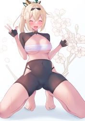 Rule 34 | 1girl, :d, ^ ^, barefoot, black gloves, blonde hair, blush, branch, breasts, cameltoe, cherry blossoms, cleavage, closed eyes, collarbone, fingerless gloves, gloves, hair between eyes, hair intakes, hair ornament, half gloves, high-waist shorts, highres, hip vent, hololive, kazama iroha, long hair, medium breasts, open mouth, ponytail, sarong, short shorts, shorts, shrug (clothing), sidelocks, smile, solo, squatting, sweat, thighs, tight clothes, toes, underboob, v, virtual youtuber, white background, yoshiheihe