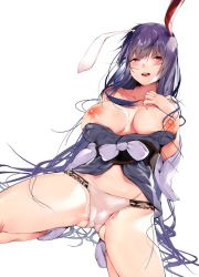Rule 34 | 1girl, alternate costume, animal ears, asuzemu, bare legs, bare shoulders, black sash, blush, bow, breasts, cameltoe, collarbone, commentary request, grey robe, groin, half-closed eyes, large breasts, long hair, long sleeves, looking at viewer, messy hair, nipples, obi, off shoulder, open mouth, panties, purple hair, rabbit ears, red eyes, reisen udongein inaba, robe, sash, seiza, simple background, sitting, smile, socks, solo, spread legs, thighs, touhou, underwear, very long hair, white background, white bow, white panties, white socks, wide sleeves