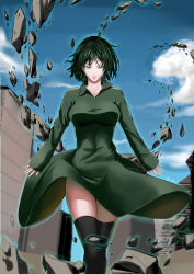 Rule 34 | 1girl, absurdres, black thighhighs, blue sky, breasts, cloud, debris, er ci gudu, fubuki (one-punch man), green eyes, green hair, green thighhighs, highres, large breasts, legs, looking at viewer, one-punch man, parted lips, rubble, sky, solo, telekinesis, thighhighs, thighs
