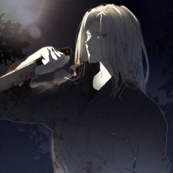 Rule 34 | absurdres, blonde hair, blood, blood on clothes, bloody knife, blue eyes, character request, dead by daylight, highres, holding, holding knife, knife, long hair, looking at viewer, night, night sky, okitafuji, outdoors, sky, standing, upper body