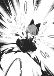Rule 34 | 1girl, cirno, danmaku, embodiment of scarlet devil, emphasis lines, female focus, greyscale, looking at viewer, magic, monochrome, outstretched arms, puffy short sleeves, puffy sleeves, shimadoriru, short hair, short sleeves, simple background, solo, touhou, white background