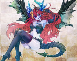 Rule 34 | 1girl, blonde hair, blue skin, boots, breasts, cleavage, colored skin, demon girl, demon wings, elbow gloves, gloves, grin, hera-is (p&amp;d), hera (p&amp;d), horns, jewelry, long hair, multicolored hair, necklace, pointy ears, puzzle &amp; dragons, red hair, smile, solo, suga koharu, tail, thigh boots, thighhighs, wings