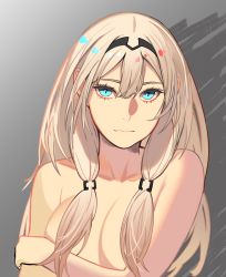 Rule 34 | 1girl, absurdres, an-94 (girls&#039; frontline), aqua eyes, bad id, bad pixiv id, bare shoulders, black hairband, blonde hair, breasts, closed mouth, collarbone, crossed arms, defy (girls&#039; frontline), girls&#039; frontline, grey background, hair ornament, hairband, hairclip, highres, long hair, looking at viewer, nude, red taco, simple background, small breasts, solo, upper body