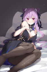 Rule 34 | 1girl, absurdres, bare shoulders, black pantyhose, black ribbon, blush, breasts, cleavage, closed mouth, furrowed brow, genshin impact, hair between eyes, highres, keqing (genshin impact), keqing (opulent splendor) (genshin impact), large breasts, long hair, looking at viewer, on bed, opm7760, pantyhose, pillow, purple eyes, red eyes, ribbon, shadow, sitting, solo