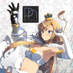 Rule 34 | 1girl, album cover, armor, blonde hair, blue eyes, breasts, character name, cleavage, copyright request, cover, crown, eight tohyama, elbow gloves, fantasy, floating, fur trim, gloves, highres, long hair, mini crown, outstretched arm, parted lips, patterned background, pauldrons, phant (taishi), pocket watch, shoulder armor, simple background, single pauldron, skirt, solo, strapless, teeth, tube top, watch