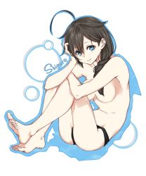 Rule 34 | 1girl, ahoge, aoyashio rin, barefoot, black hair, black panties, blue eyes, braid, breasts, character name, cleavage, collarbone, full body, groin, hair between eyes, hair censor, hair flaps, hair over breasts, hair over one breast, hair over shoulder, hand on own head, highres, kantai collection, long hair, looking at viewer, medium breasts, panties, shigure (kancolle), shigure kai ni (kancolle), single braid, sitting, smile, soles, solo, topless, underwear, underwear only, white background