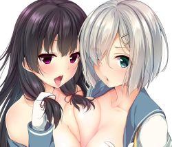 Rule 34 | 10s, 2girls, bare shoulders, blue eyes, breast press, collarbone, gloves, hair ornament, hair over one eye, hair ribbon, hairclip, hamakaze (kancolle), hime cut, holding, holding own hair, isokaze (kancolle), kantai collection, long hair, looking at viewer, multiple girls, nironiro, open mouth, parted lips, purple eyes, ribbon, sailor collar, short hair, simple background, symmetrical docking, tongue, tongue out, topless male, unworn shirt, white background, white gloves