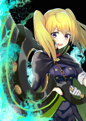 Rule 34 | 1girl, :d, bad id, bad pixiv id, black cloak, blonde hair, blue eyes, blue jacket, bow, bowtie, cloak, gloves, hair between eyes, highres, holding, holding weapon, jacket, long hair, looking at viewer, military, military jacket, military uniform, open mouth, owari no seraph, poyano, red bow, red bowtie, sanguu mitsuba, smile, solo, twintails, uniform, weapon, white gloves