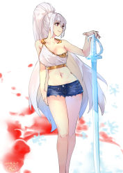 Rule 34 | 1girl, breasts, cutoffs, dated, denim, denim shorts, dungeon and fighter, female slayer (dungeon and fighter), halterneck, highres, large breasts, long hair, looking to the side, midriff, mou zhi pingguo, navel, ponytail, red eyes, short shorts, shorts, smile, solo, standing, sword, very long hair, weapon, white hair