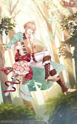 Rule 34 | 1boy, absurdres, accordion, boots, chiffon cake (food fantasy), coat, cocosuke, cross-laced footwear, earrings, food fantasy, full body, highres, holding, holding instrument, instrument, jewelry, lace-up boots, looking at viewer, male focus, music, musical note, official art, orange eyes, orange hair, playing instrument, print coat, second-party source, solo, thigh strap