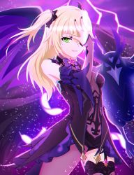 Rule 34 | 1girl, bird, black nails, blonde hair, breasts, ceciliashaniat, cowboy shot, electricity, eyepatch, fischl (genshin impact), genshin impact, green eyes, hand up, highres, long hair, looking at viewer, nail polish, oz (genshin impact), parted lips, small breasts, smile, solo, two side up