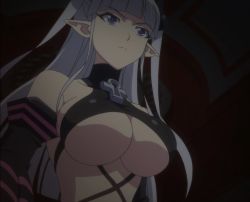 Rule 34 | 10s, 1girl, bare shoulders, breasts, female focus, from below, highres, large breasts, long hair, naruse maria, purple eyes, screencap, shinmai maou no testament, solo, standing, stitched, third-party edit, underboob, upper body