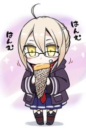 Rule 34 | 1girl, ahoge, artoria pendragon (all), artoria pendragon (fate), black-framed eyewear, blonde hair, blush, braid, chibi, commentary request, crepe, eating, fate/grand order, fate (series), food, food on face, glasses, hood, hooded jacket, jacket, long sleeves, mysterious heroine x alter (fate), mysterious heroine x alter (first ascension) (fate), plaid, plaid scarf, puyo (puyotopia), red scarf, saber (fate), scarf, school uniform, solo, standing, thighhighs, yellow eyes