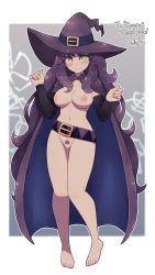 Rule 34 | 1girl, barefoot, belt, breasts, cape, censored, cleft of venus, closed mouth, commission, detached sleeves, female pubic hair, full body, green eyes, hat, highres, lamb-oic029, large breasts, long hair, looking at viewer, nipples, nude, original, pubic hair, purple cape, purple hair, purple hat, pussy, signature, skeb commission, smile, solo, two-sided cape, two-sided fabric, very long hair
