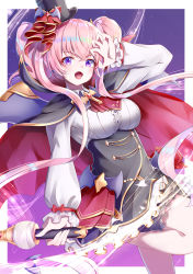 Rule 34 | 1girl, absurdres, arm up, black hat, breasts, dress, fangs, frills, gao, hair between eyes, hat, highres, holding, large breasts, long hair, long sleeves, looking at viewer, open mouth, pink hair, princess connect!, puffy sleeves, purple eyes, signature, skirt, solo, takemura kou, tsumugi (halloween) (princess connect!), tsumugi (princess connect!), twintails, very long hair