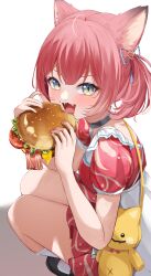 Rule 34 | 1girl, absurdres, ahoge, akami karubi, animal ears, blue eyes, blush, burger, cat ears, eating, fangs, food, hair between eyes, highres, holding, holding food, horo 27, indie virtual youtuber, looking at viewer, open mouth, red hair, ribbon, short hair, solo, twintails, virtual youtuber, white background