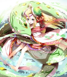 Rule 34 | 1girl, :d, barefoot, blonde hair, chinese clothes, emam 0201, emia (castilla), green eyes, long hair, meimei (p&amp;d), off shoulder, open mouth, puzzle &amp; dragons, smile, snake, solo, turtle shell