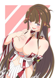 Rule 34 | + +, 1girl, absurdres, bare shoulders, between breasts, blue eyes, blush, breasts, brown hair, chinese knot, cleavage, detached collar, detached sleeves, earrings, fingernails, floral print, flower-shaped pupils, flower knot, highres, japanese clothes, jewelry, large breasts, long hair, looking at viewer, multicolored hair, navel, neck tassel, open mouth, paramecia doldol3, red hair, revealing clothes, senran kagura, senran kagura new link, smile, solo, streaked hair, symbol-shaped pupils, tassel, toki (senran kagura), tongue, wide sleeves