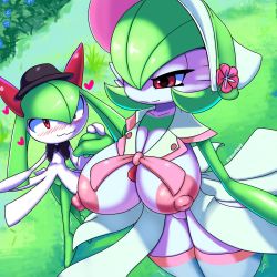 Rule 34 | 2girls, blush, breasts, closed mouth, creatures (company), game freak, gardevoir, gen 3 pokemon, grass, green hair, hair between eyes, hat, highres, ichduhernz, kirlia, large areolae, large breasts, multiple girls, nintendo, nipples, outdoors, pokemon, pokemon (creature), pokemon unite, red eyes, short hair, smile, thighhighs, wavy mouth