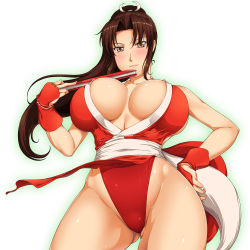 Rule 34 | 1girl, ameoto, bare shoulders, breasts, brown eyes, brown hair, cleavage, folded fan, hand fan, fatal fury, fingerless gloves, folding fan, gloves, hand on own hip, highleg, huge breasts, large breasts, legs, long hair, panties, pelvic curtain, ponytail, revealing clothes, shiranui mai, snk, solo, the king of fighters, underwear