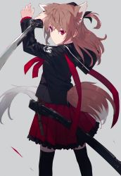 Rule 34 | 1girl, animal ear fluff, animal ears, arms up, black sailor collar, black shirt, black thighhighs, brown hair, feet out of frame, frilled skirt, frills, grey background, hair between eyes, highres, holding, holding sword, holding weapon, katana, long hair, looking away, looking to the side, nagishiro mito, original, pleated skirt, red eyes, red neckwear, red skirt, sailor collar, shirt, simple background, skirt, solo, standing, sword, tail, thighhighs, unsheathed, weapon
