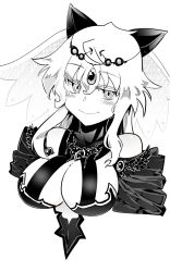 Rule 34 | 1girl, animal ears, blush, breasts, cat ears, cleavage, colored eyelashes, cowlick, curly hair, fake animal ears, gem, greyscale, hair between eyes, highres, isabeau de baviere (madoka magica), jewelry, large breasts, long hair, magia record: mahou shoujo madoka magica gaiden, magical girl, mahou shoujo madoka magica, mahou shoujo tart magica, messy hair, monochrome, necklace, official alternate costume, queen, sidelocks, smile, solo, sonohi210, tall female, upper body, veil, wavy hair