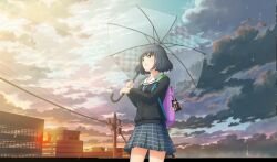 1girl backpack bag black_hair black_jacket blue_necktie building character_charm charm_(object) cinderella_series cloud cloudy_sky cowboy_shot from_below game_cg green_eyes grey_skirt hachigatsu_no_cinderella_nine highres holding holding_umbrella jacket long_sleeves looking_up necktie non-web_source official_art parted_lips plaid_clothes plaid_skirt pleated_skirt power_lines rain sailor_collar school_uniform serafuku shirt short_hair skirt sky solo standing suzuki_waka transparent transparent_umbrella umbrella utility_pole white_sailor_collar white_shirt