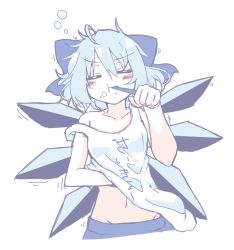 Rule 34 | 1girl, = =, ahoge, blue bow, blue hair, blue skirt, blush stickers, bow, brushing teeth, cirno, closed eyes, closed mouth, collarbone, do (4-rt), groin, hair between eyes, hair bow, hand under clothes, hand under shirt, highres, ice, ice wings, navel, shirt, short hair, simple background, skirt, solo, toothbrush, touhou, upper body, white background, white shirt, wings