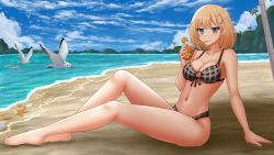 Rule 34 | 1girl, animal, bare arms, bare legs, bare shoulders, barefoot, bendy straw, bikini, bird, black bikini, blonde hair, blue eyes, blue sky, blush, breasts, cleavage, closed mouth, cloud, cloudy sky, collarbone, commentary, commission, cup, day, drinking straw, front-tie bikini top, front-tie top, hair ornament, highres, holding, holding cup, hololive, hololive english, kazenokaze, looking at viewer, medium breasts, navel, outdoors, palm tree, plaid, plaid bikini, sky, smile, solo, swimsuit, tree, virtual youtuber, water, watson amelia