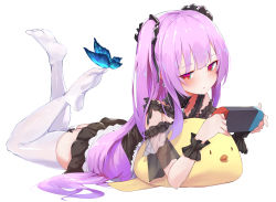 Rule 34 | 1girl, bare shoulders, black bow, black dress, blue eyes, blush, bow, bug, butterfly, choker, closed mouth, collarbone, controller, dress, earrings, frilled cuffs, frills, from side, full body, garter straps, gothic lolita, hair bow, hands up, highres, holding, holding controller, hololive, insect, jewelry, legs up, lolita fashion, long hair, looking at viewer, looking to the side, lying, messy hair, multicolored eyes, nintendo switch, off-shoulder dress, off shoulder, on stomach, pillow, sidelocks, soles, solo, thigh strap, thighhighs, thighs, two side up, uruha rushia, uruha rushia (3rd costume), very long hair, virtual youtuber, white background, white thighhighs, wrist cuffs, yakurope-moko