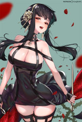 Rule 34 | 1girl, black dress, black gloves, black hair, black thighhighs, blush, breasts, cleavage, closed mouth, covered navel, cowboy shot, dagger, dress, dual wielding, earrings, fingerless gloves, floating hair, gloves, gold earrings, gold hairband, hair ornament, hairband, holding, holding dagger, holding knife, holding weapon, hong (white spider), jewelry, knife, large breasts, long hair, multi-strapped dress, multiple straps, open mouth, patreon username, petals, red eyes, sidelocks, signature, sleeveless, sleeveless dress, solo, spy x family, thighhighs, thighs, thorns, two-sided dress, two-sided fabric, weapon, yor briar