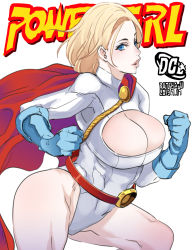 Rule 34 | 1girl, 2019, animification, blonde hair, blue eyes, breasts, butcha-u, character name, cleavage, cleavage cutout, clothing cutout, dc comics, highres, large breasts, leotard, power girl, solo, white background