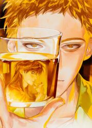 Rule 34 | 2boys, absurdres, alcohol, chinese commentary, closed mouth, collared shirt, commentary request, cup, expressionless, highres, holding, holding cup, itou kaiji, kaiji, long hair, looking at viewer, male focus, moolidragon, multiple boys, reflection, sahara makoto, shirt, short bangs, short hair, solo focus, upper body, whiskey, yellow shirt, yellow theme