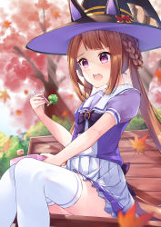 Rule 34 | 1girl, absurdres, animal ears, autumn leaves, black hat, blush, broccoli, brown hair, chopsticks, food, hair rings, hat, highres, holding, holding chopsticks, horse ears, horse girl, horse tail, leaf, long hair, maple leaf, open mouth, pizza (pizzania company), pleated skirt, puffy short sleeves, puffy sleeves, purple eyes, school uniform, short sleeves, sitting, skirt, solo, sweep tosho (umamusume), tail, tearing up, tears, thighhighs, tracen school uniform, twintails, umamusume, vegetable, white skirt, white thighhighs, witch hat
