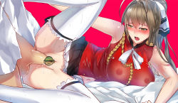 Rule 34 | 10s, 1boy, 1girl, ahoge, amagi brilliant park, antenna hair, bed, bed sheet, blush, bow, breasts, brown eyes, brown hair, censored, clothed sex, covered erect nipples, epaulettes, artistic error, hair bow, hetero, highres, kairos+, large breasts, leg up, legs, long hair, lying, nipples, no panties, novelty censor, on side, open mouth, penis, ponytail, pussy, pussy juice, see-through, sento isuzu, sex, skirt, sleeveless, spooning, spread legs, sweat, thighhighs, thighs, uniform, vaginal, wet, wet clothes, white thighhighs, yellow eyes