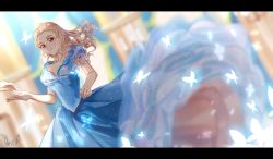 Rule 34 | 1girl, blonde hair, blue dress, brown eyes, bug, butterfly, dress, highres, insect, letterboxed, long hair, looking at viewer, open mouth, original, signature, solo, yuan haruka
