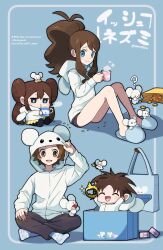 Rule 34 | 2boys, 2girls, alternate costume, antenna hair, blue eyes, brown hair, brown pants, brown shorts, chibi, closed mouth, commentary request, cookie, creatures (company), cup, english text, eyelashes, food, game freak, high ponytail, highres, hilbert (pokemon), hilda (pokemon), holding, holding cup, hood, hood down, hood up, hoodie, knees, legs, maushold, momo maru (mmmrchiru), mug, multiple boys, multiple girls, nate (pokemon), nintendo, pants, pokemon, pokemon (creature), pokemon bw, pokemon bw2, rosa (pokemon), shorts, sidelocks, sitting, slippers, smile, socks, steam, translation request, white hoodie