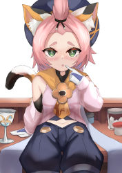 Rule 34 | 1girl, absurdres, animal ear fluff, animal ears, animal print, bangs pinned back, black shorts, blush, cat ears, cat girl, cat print, cat tail, commentary, counter, cup, detached sleeves, diona (genshin impact), drinking glass, english commentary, finger to mouth, genshin impact, gloves, green eyes, hair ribbon, hat, highres, index finger raised, looking at viewer, navel, parted lips, paw print palms, pink hair, ribbon, short hair, shorts, sidelocks, sitting, skai kun, solo, tail, thick eyebrows, white gloves, wine glass