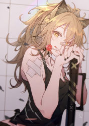 Rule 34 | 1girl, animal ear fluff, animal ears, arknights, bandaid, bandaid on face, bandaid on nose, bare shoulders, black nails, black tank top, blonde hair, candy, choker, commentary request, food, high ponytail, highres, holding, holding food, lion ears, lollipop, long hair, looking at viewer, messy hair, nail polish, siege (arknights), solo, tank top, tongue, tongue out, upper body, yellow eyes, yuzibushijiang