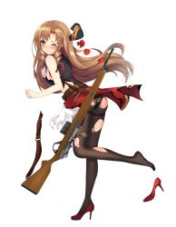 Rule 34 | 1girl, armband, bison cangshu, blush, brown hair, drill hair, drill sidelocks, fn-49, fn-49 (girls&#039; frontline), full body, girls&#039; frontline, gloves, green eyes, gun, hat, high heels, highres, long hair, looking at viewer, official art, pantyhose, rifle, shoes, sidelocks, skirt, solo, tears, thigh strap, torn clothes, torn pantyhose, transparent background, unworn shoes, wavy mouth, weapon