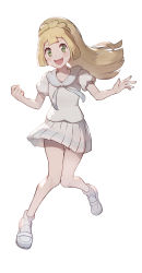 Rule 34 | 1girl, :d, absurdres, blonde hair, blush, clenched hand, commentary request, creatures (company), eyelashes, floating hair, full body, game freak, green eyes, hands up, highres, lillie (pokemon), long hair, looking at viewer, nintendo, odd (hin yari), open mouth, pleated skirt, pokemon, pokemon sm, shirt, shoes, short sleeves, simple background, skirt, smile, solo, teeth, tongue, white background, white footwear, white skirt