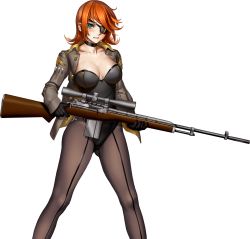 Rule 34 | 1girl, as109, black gloves, black leotard, breasts, choker, cleavage, eyepatch, female focus, game cg, gloves, green eyes, gun, holding, holding gun, holding weapon, jacket, large breasts, leotard, looking at viewer, m.a.d mafia is all dead, pantyhose, red hair, rifle, short hair, sniper rifle, solo, standing, weapon