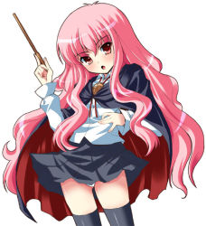 Rule 34 | 00s, 1girl, :o, black thighhighs, blouse, blush, bolo tie, cape, child, female focus, holding, holding wand, louise francoise le blanc de la valliere, miniskirt, panties, pantyshot, pentacle, pink eyes, pink hair, pleated skirt, shinshin, shirt, simple background, skirt, solo, standing, thighhighs, underwear, wand, white background, white panties, zero no tsukaima, zettai ryouiki