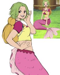 Rule 34 | 1girl, all llouis, anime screencap, bag, black eyes, camie (one piece), cowboy shot, crop top, green hair, hand in own hair, hand on own hip, highres, looking at viewer, mermaid, monster girl, one piece, pink shirt, shell bag, shirt, short hair, short sleeves, shoulder bag, simple background, smile, solo, two-tone shirt, white background, yellow shirt