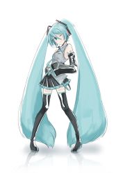Rule 34 | 1girl, ;), agonasubi, bare shoulders, black skirt, black thighhighs, blouse, blue hair, blue nails, blue necktie, blush, breasts, detached sleeves, fingernails, grey shirt, hair between eyes, hands on own stomach, happy, hatsune miku, head tilt, headset, highres, legs apart, long hair, looking at viewer, nail polish, necktie, number tattoo, one eye closed, pleated skirt, reflection, reflective floor, shadow, shirt, shoulder tattoo, simple background, skirt, sleeveless, sleeveless shirt, small breasts, smile, solo, standing, tattoo, thighhighs, twintails, very long hair, vocaloid, vocaloid boxart pose, white background, zettai ryouiki