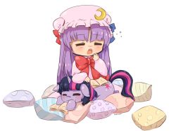 Rule 34 | 2girls, = =, book, chibi, closed eyes, color connection, crossover, hat, highres, horns, multiple girls, my little pony, my little pony: friendship is magic, patchouli knowledge, pillow, pony (animal), purple hair, ribbon, rockusocku, single horn, sleeping, sleepy, touhou, trait connection, transparent background, twilight sparkle, unicorn