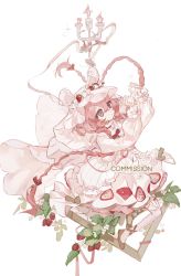 Rule 34 | 1girl, animal ears, arms up, bow, braid, brown footwear, candelabra, candlestand, dress, flower, food, food-themed hair ornament, food print, frilled dress, frilled sleeves, frills, fruit, gelili366, hair ornament, heterochromia, highres, long hair, long sleeves, mouse ears, original, picture frame, pink hair, puffy long sleeves, puffy sleeves, red bow, shoes, sitting, solo, strawberry, strawberry blossoms, strawberry hair ornament, strawberry print, through medium, through painting, twin braids, veil, very long hair, white dress, white strawberry, white veil